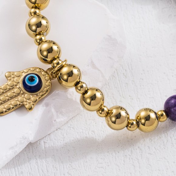 3/$35 18K Gold Plated Bracelet Evil Eye Palm Hand Purple Bead Stainless Steel - Picture 5 of 7